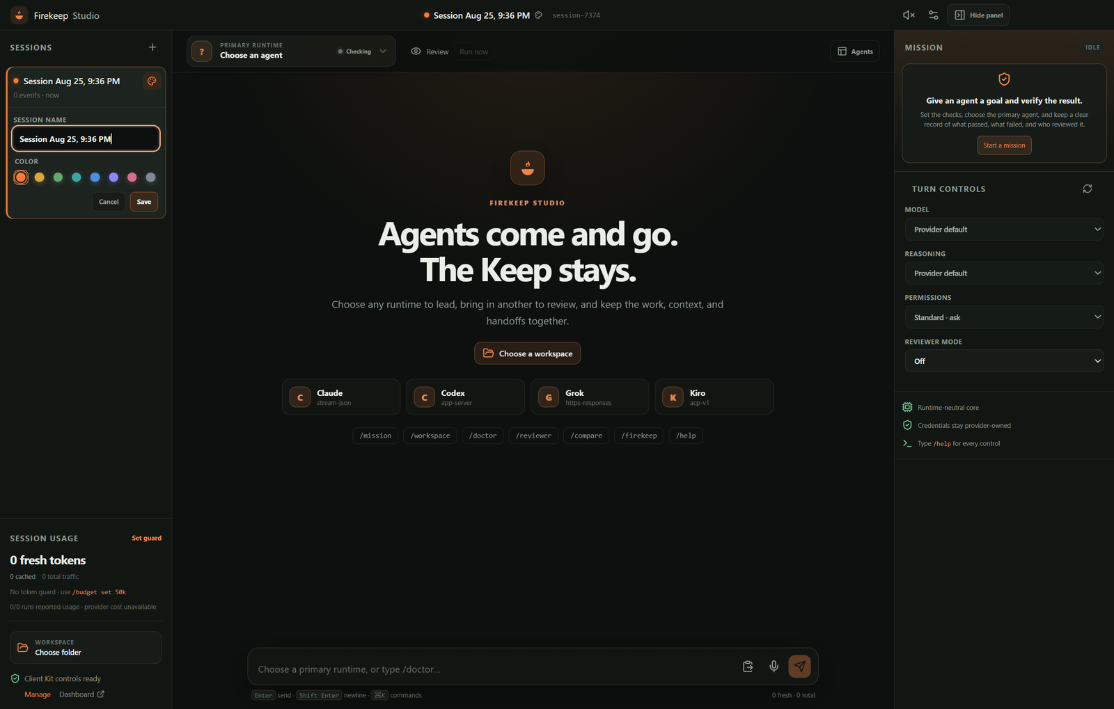 Firekeep Studio showing its multi-runtime conversation workspace, sessions, Mission panel, and runtime controls